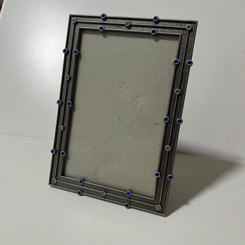 Elsa‎ L Inc Pewter Bejeweled Picture Frame Blue Crystals Textured Metal 4x6
